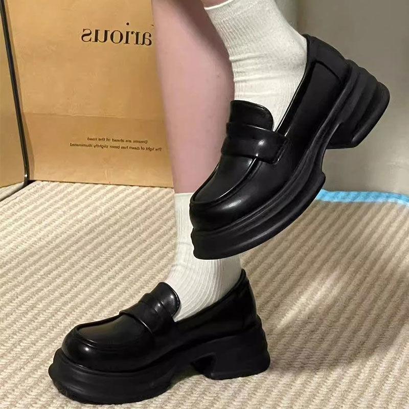Round Toe Thick Sole Single Shoes for Women Black College Style Small Leather Shoes Versatile British Loafers Jk Uniform Shoes