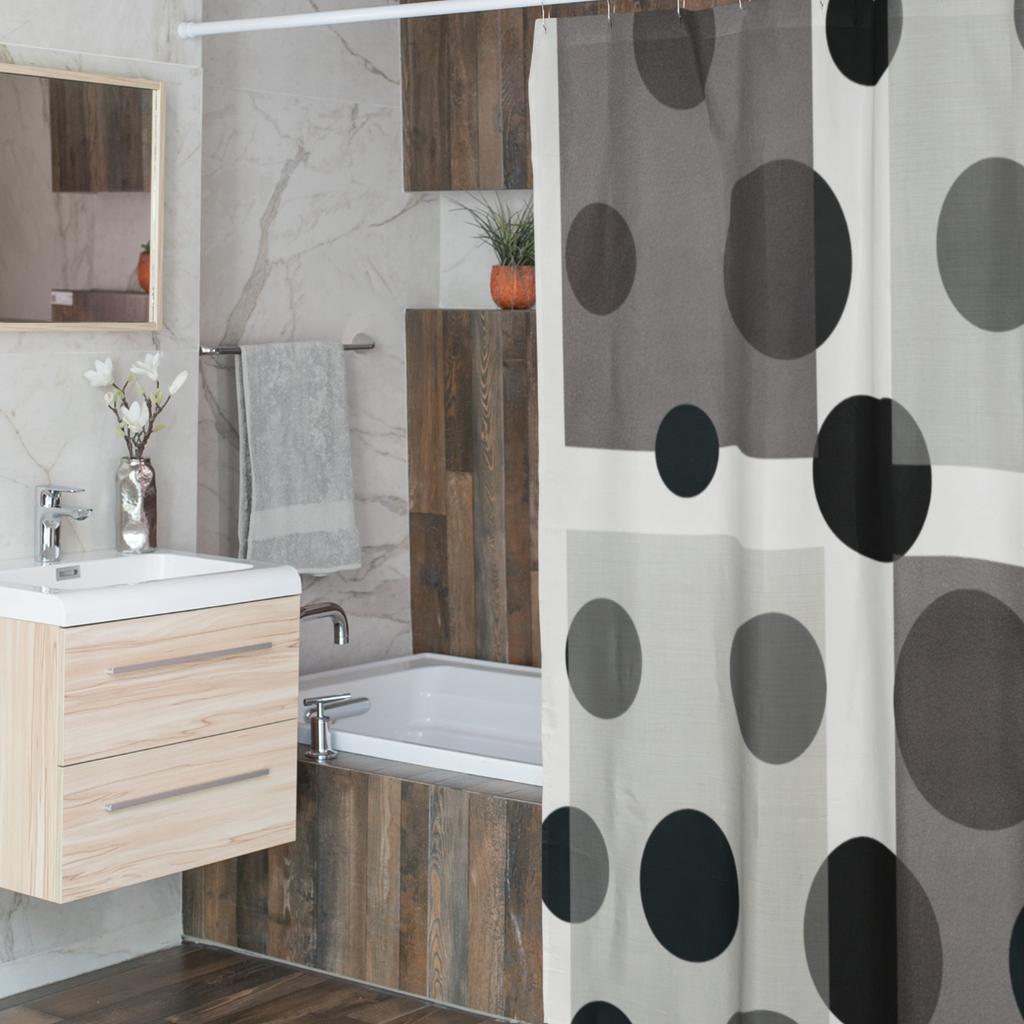 Schwarz-Grauer Polka-Dot-Duschvorhang Geometrisches Muster Modern-Minimalistisches Design Elegante Badezimmerdekoration Wasserdicht Ungiftig