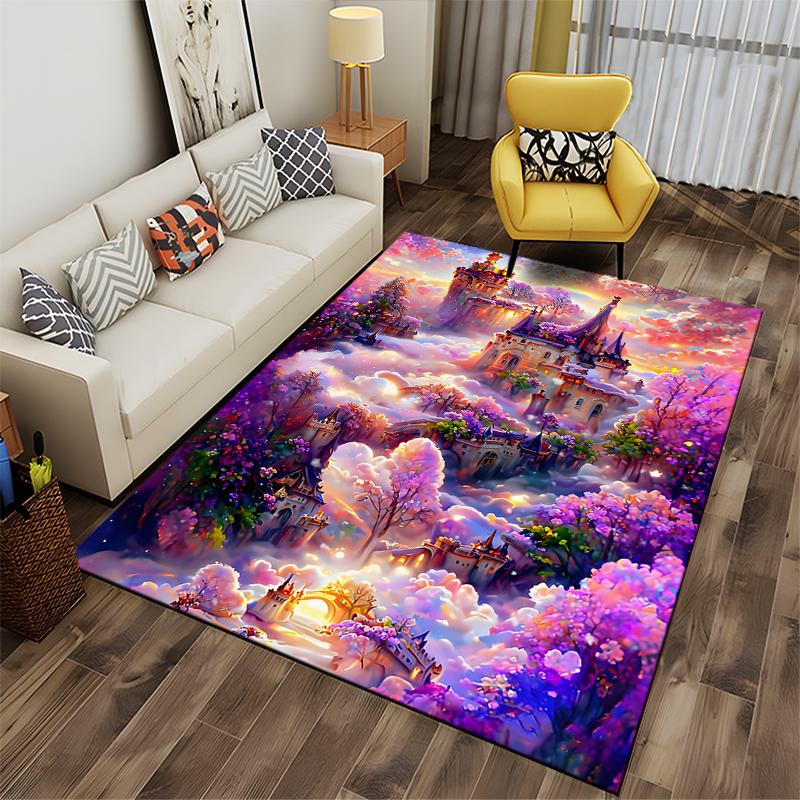 Whimsical Fantasy Castle In Clouds Rug Non-slip Rug Suitable for Living Room and Bedroom Sofas.