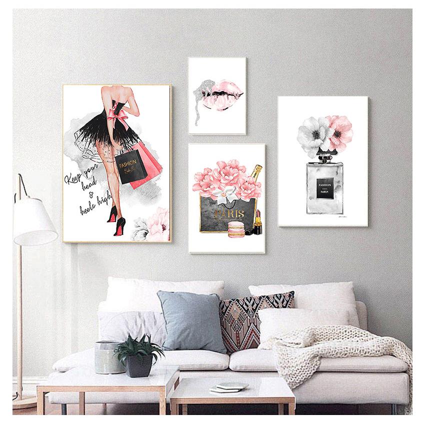 Canvas Art Print Sexy Lips Paintings High Heels Posters Pink Flower Wall Pictures Home Decor Fashion Poster Women Perfume Makeup