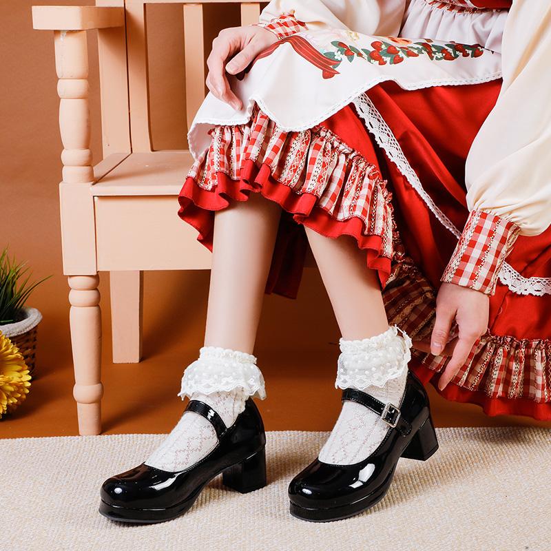 Fashion Elegant Medium Heels Lolita Mary Janes Shoes Women Straps Girls Fashion Red Yellow Heeled Pumps Party Dance Wedding Shoes Ladies