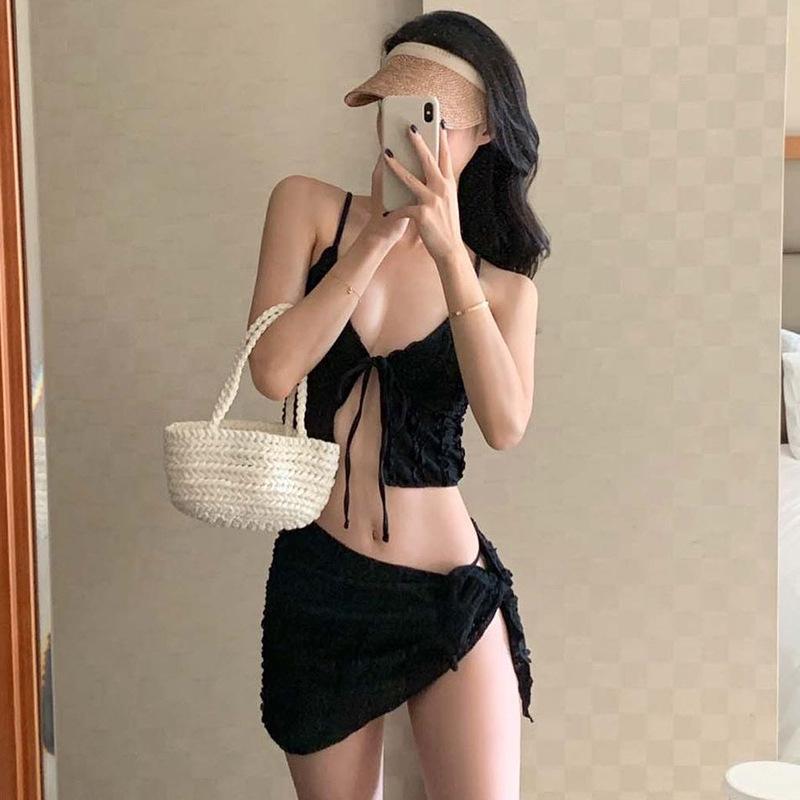 New Korean Small Bust Three-Piece Bikini Set: Pure Desire Style with Ruffle Camisole