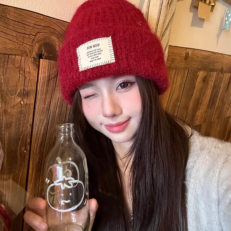 Korean Style Casual English Cloth Label Long Camel Hair Knitted Hat Autumn and Winter Warm Woolen Hat Dome Ear Protection Hat