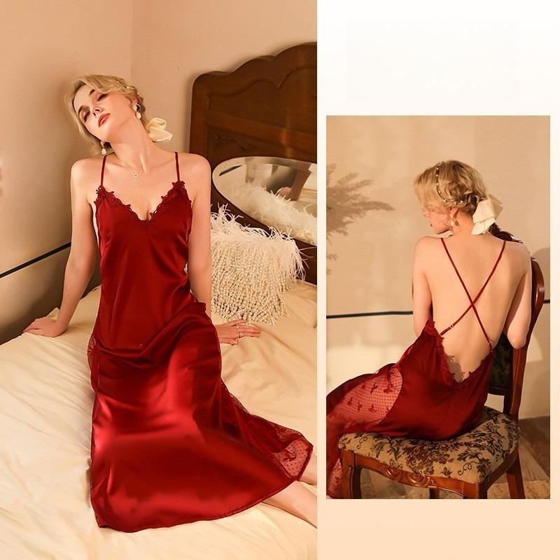 Fairy Style Elegant Lace Nightgown Deep V Built-in Bra Backless Crisscross Lace-Up Loungewear 420 Dreamy Supportive Sleepwear for Romantic Evenings