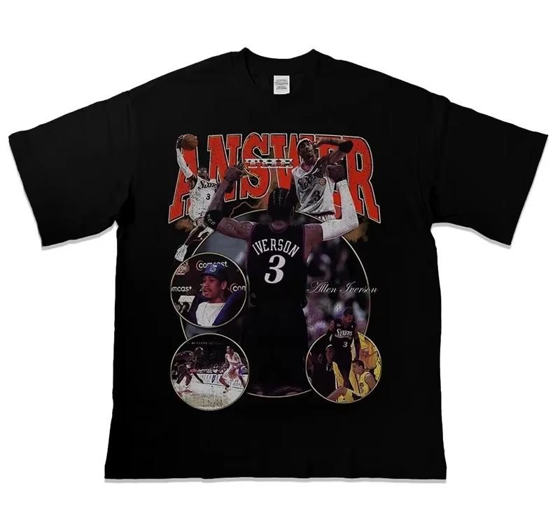Summer Basketball Star Allen Iverson American Short Sleeves Tshirt Round Neck Loose Cotton Basketball Short Sleeve Streetwear