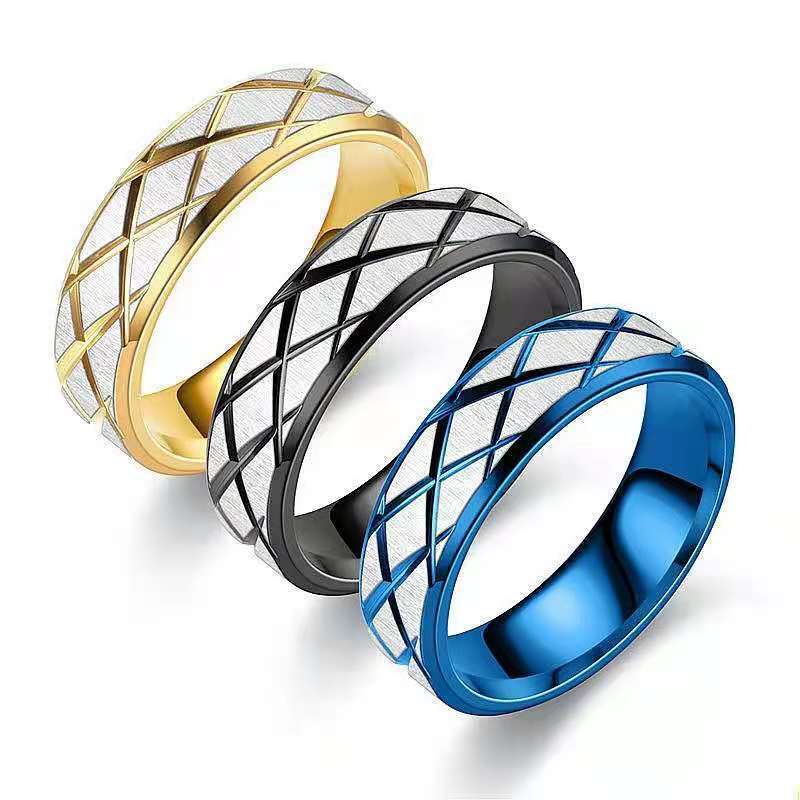 Titanium Steel Ring Women's Fashion Rhombus Grid Couple Ring Hand Jewelry