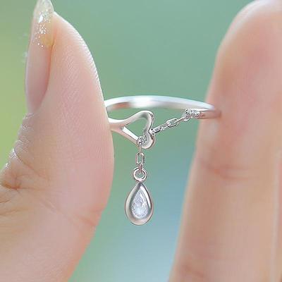 Korean Creative Heart-Shaped Copper Ring with Raindrop Diamond Design