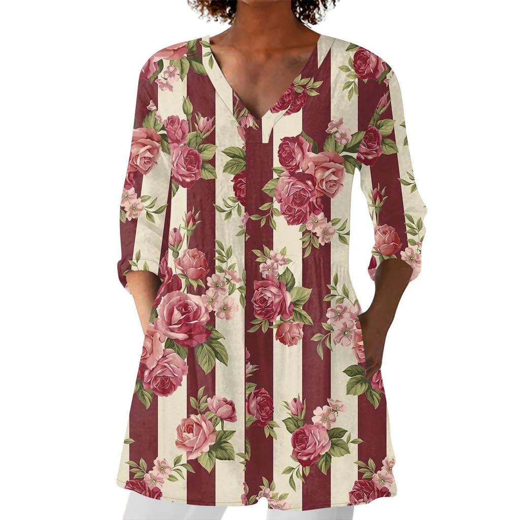 Dámská móda Tištěný V výstřih 3/4 rukáv Kapsa Ležérní Volný střih Svetr Top