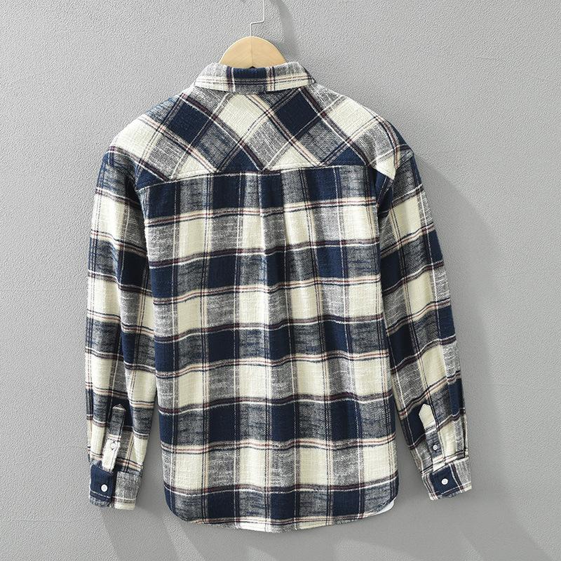 Japanese Style Classical Long Sleeve Plaid Shirt Men Spring/Autumn 100 Cotton Casual Tops Turn Down Collar Pocket Button Shirt Comfort Men Clothing