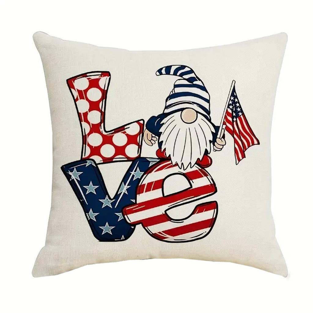 Square Decorative Pillow Cover with Heart and Star Pattern American Flag Print for Sofa Couch Bed Chair Home Office