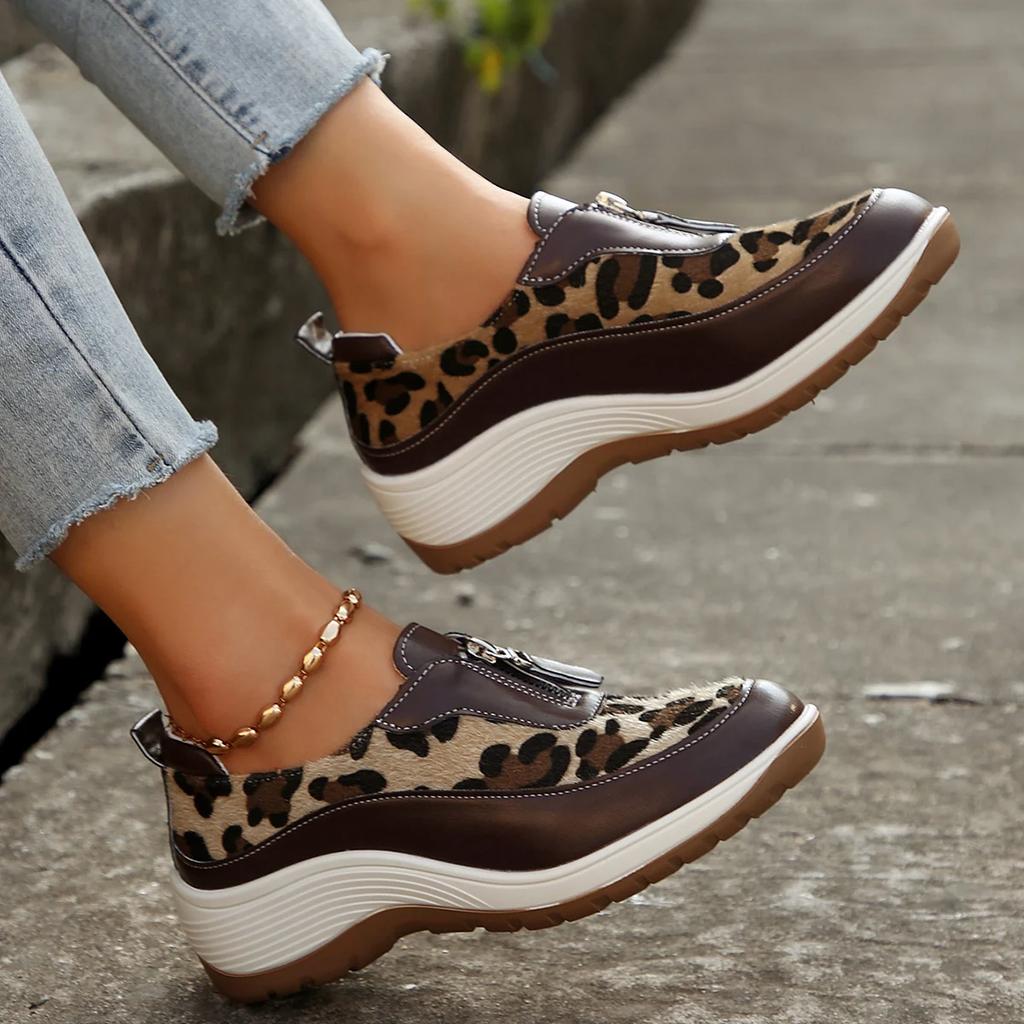 Women's Leopard Print Wedge Sneakers Fashion Front Zipper Platform Vulcanized Shoes Woman Plus Size Casual Comfort Sports Shoes