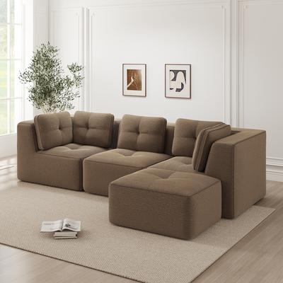 Frameless L-shaped Corner Sofa, Modular, with Ottoman, Corduroy, Three-seater with Deep Seat for the Living Room, No Assembly Required, Brown