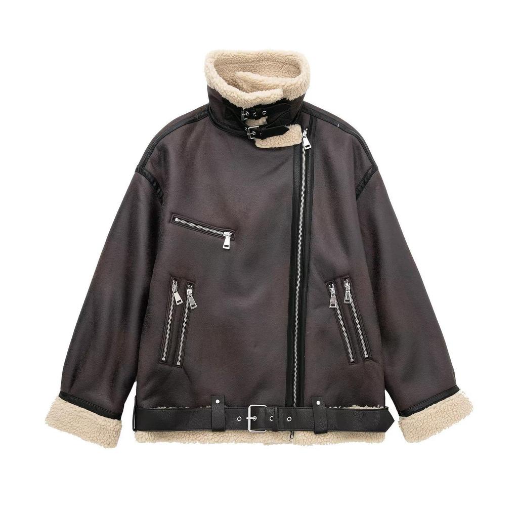 2024 Autumn/Winter European-American Cross-Border Belted Zipper Leather & Fur One-Piece Jacket