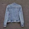Winter Women Jacket Bead Decor Plus Size Long Sleeves Turn-down Collar Chest Pockets Button Closure Coat Short Type Casual Streetwear Denim Coats