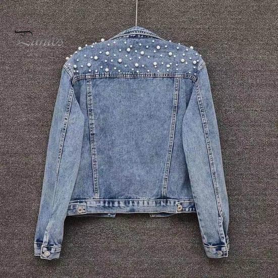 Winter Women Jacket Bead Decor Plus Size Long Sleeves Turn-down Collar Chest Pockets Button Closure Coat Short Type Casual Streetwear Denim Coats