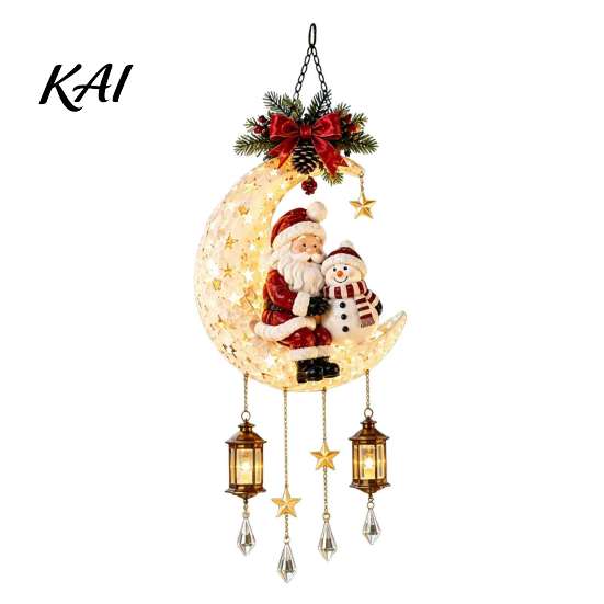 Lighted Holiday Wall Decor Christmas Santa Moon Hanging Lamp, Iron LED Ornament, Winter Home Glowing Atmosphere Light for Window Porch