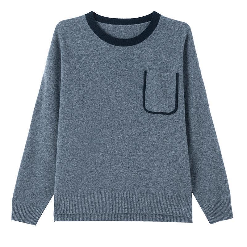Women's Loose Pure Wool Sweater: Thickened Autumn/Winter, Round Neck, Single Pocket, Stylish Middle-Aged Mother's Knitwear.