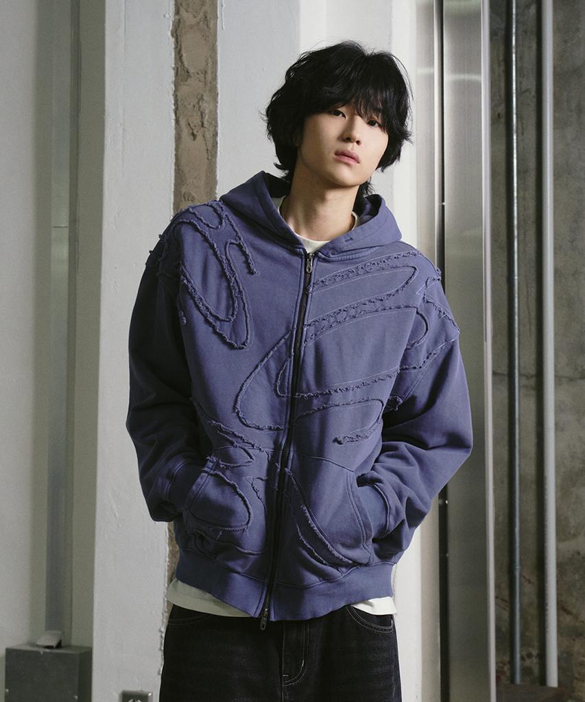 Travel Logo Applique Pigment Zip-Up Hoodie Blue Shadow