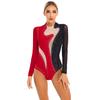 Women Long Sleeve Rhinestones Mesh Gymnastics Leotard Bodysuit Ice Skating Jumpsuit