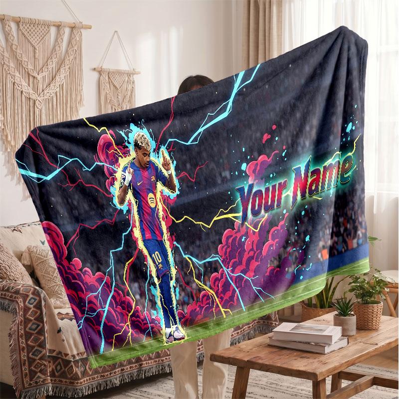 Lamine Yamal Personalisierte Fleecedecke Mit Fußball Logo, Benutzerdefinierter Name Text Weich Warm Heimdecke