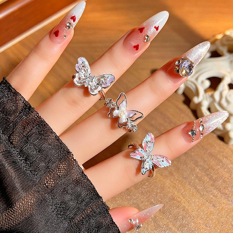 Sweet Cool Ins Style Open Ring Gradient Enamel Butterfly Inlaid Zircon With Bead Detail Niche Personality Adjustable Decorative Ring