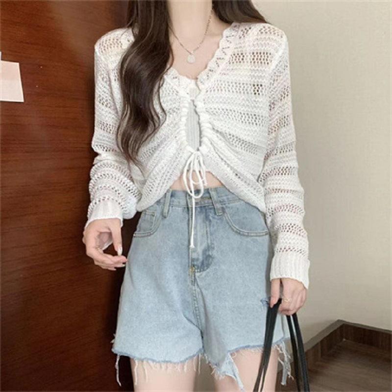 Summer V-neck hollow new slim-fitting and thin drawstring short outer knitted sweater women's thin solid color top