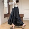 French Style Autumn Winter Women Maxi Long Skirt High Waist Light Blue Black Denim Skirt Layered Ruffles Irregular Princess Skirt