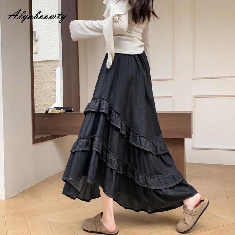 French Style Autumn Winter Women Maxi Long Skirt High Waist Light Blue Black Denim Skirt Layered Ruffles Irregular Princess Skirt
