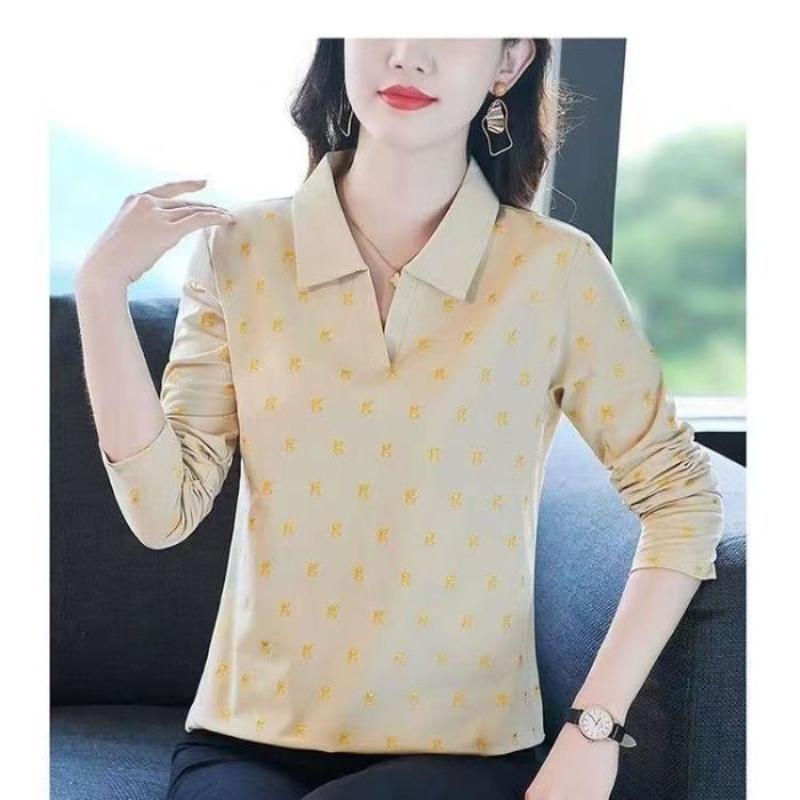 Long-sleeved T-shirt for Women in Spring Autumn New Fashionable Top Middle-aged Mother's Lapel Slim Printed Polo Shirt