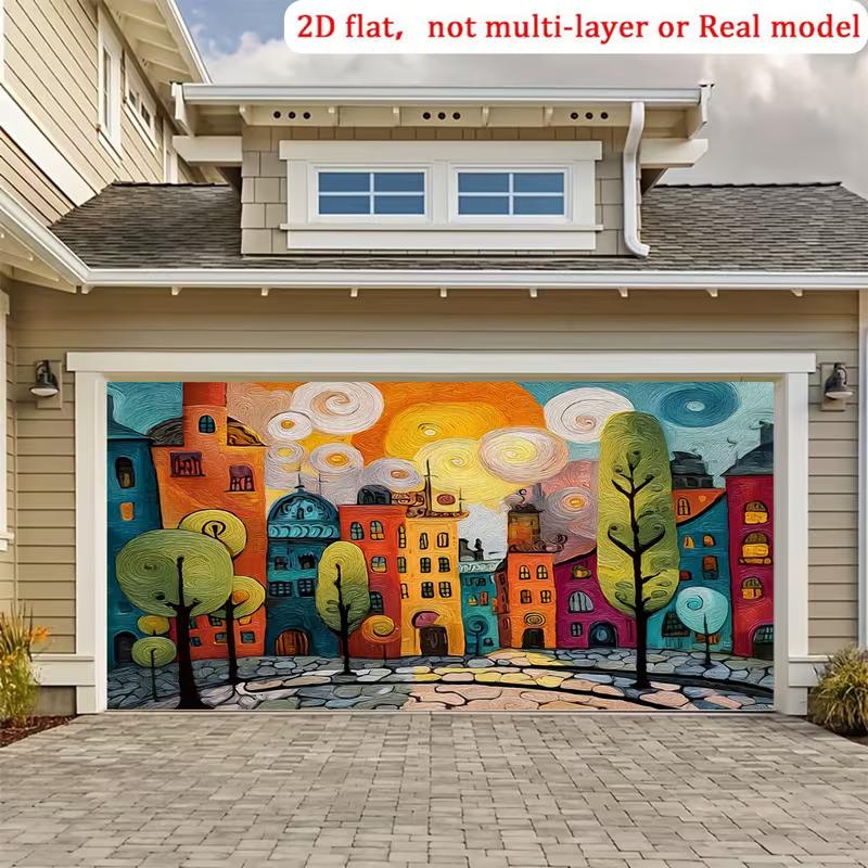 

2D Van Gogh-Inspired Starry Night Town Garage Door Mural with Whimsical Buildings 47.2x31.5inch/120*80cm