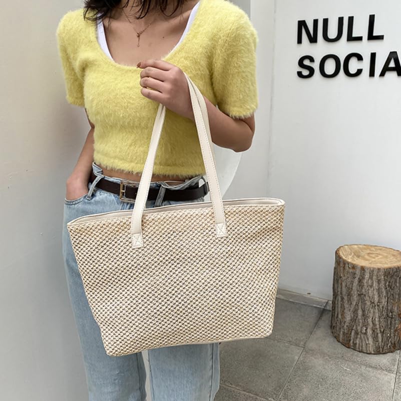[DEARMAMY] 1 Handbag, Women's Tote Bag, Straw Beach Tote, Straw Tote, Women's Shoulder Tote Bag, Raffia Bag, Woven Tote, Summer Bag, Pu Leather, Beige