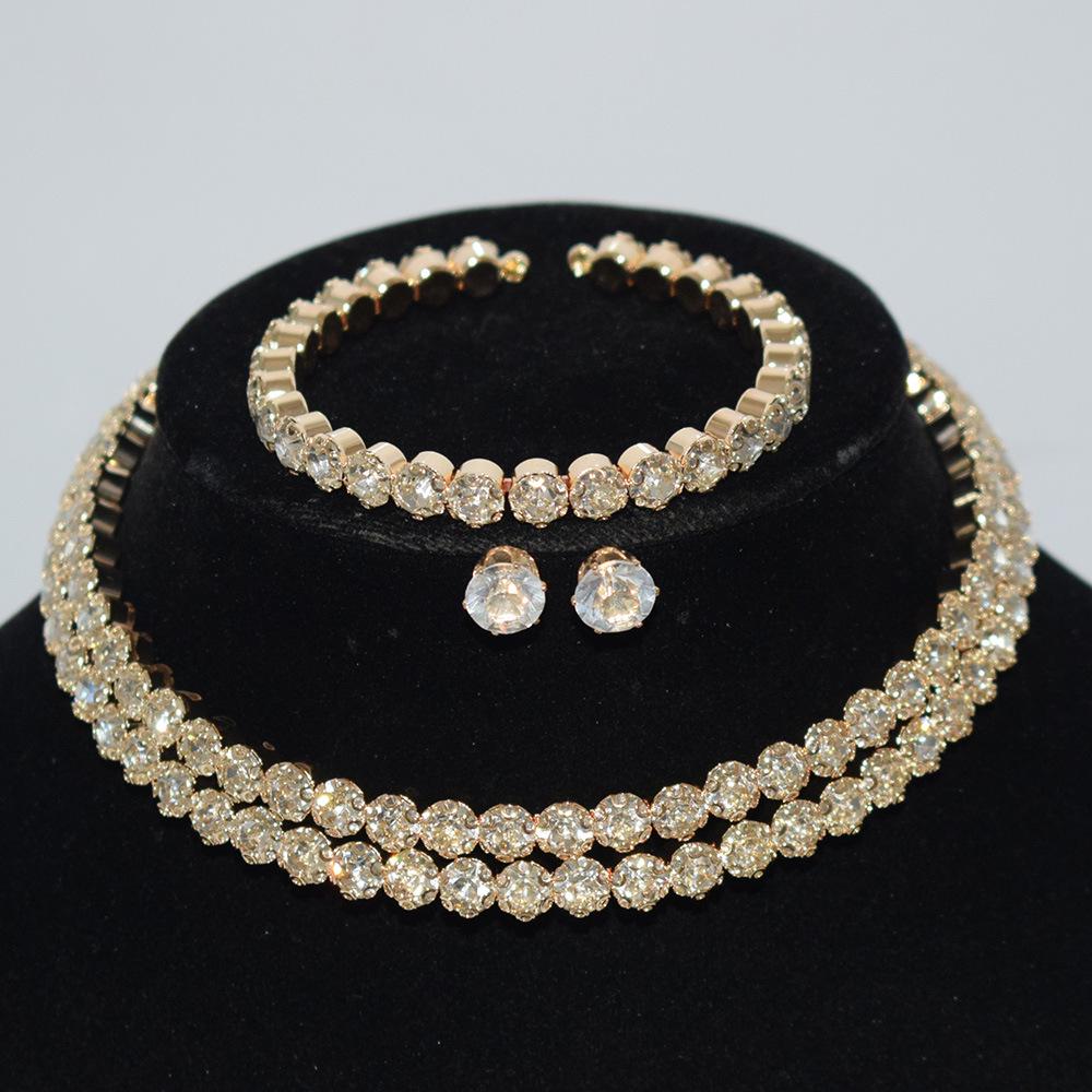 Gold & Silver Rhinestone Jewelry Set: Choker, Bracelet, Stud Earrings, & Necklace