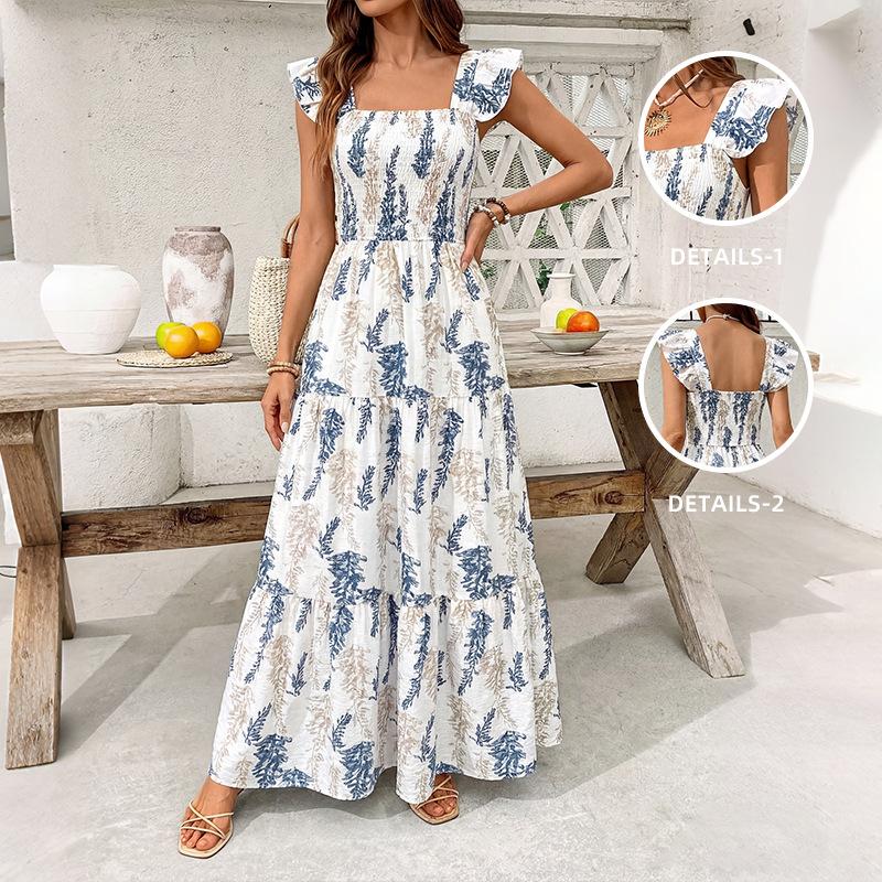 Women s Floral Ruffle Cap Sleeve Boho Maxi Dress Smocked Tiered Ruffle Beach Dresses S