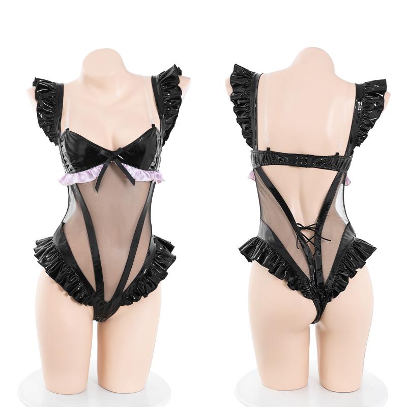 Anime Gothic PU Leather Katze Cosplay Women Sexy Bodysuit Lingerie V Neck Uniform Costumes See Through Tempatation Outfits