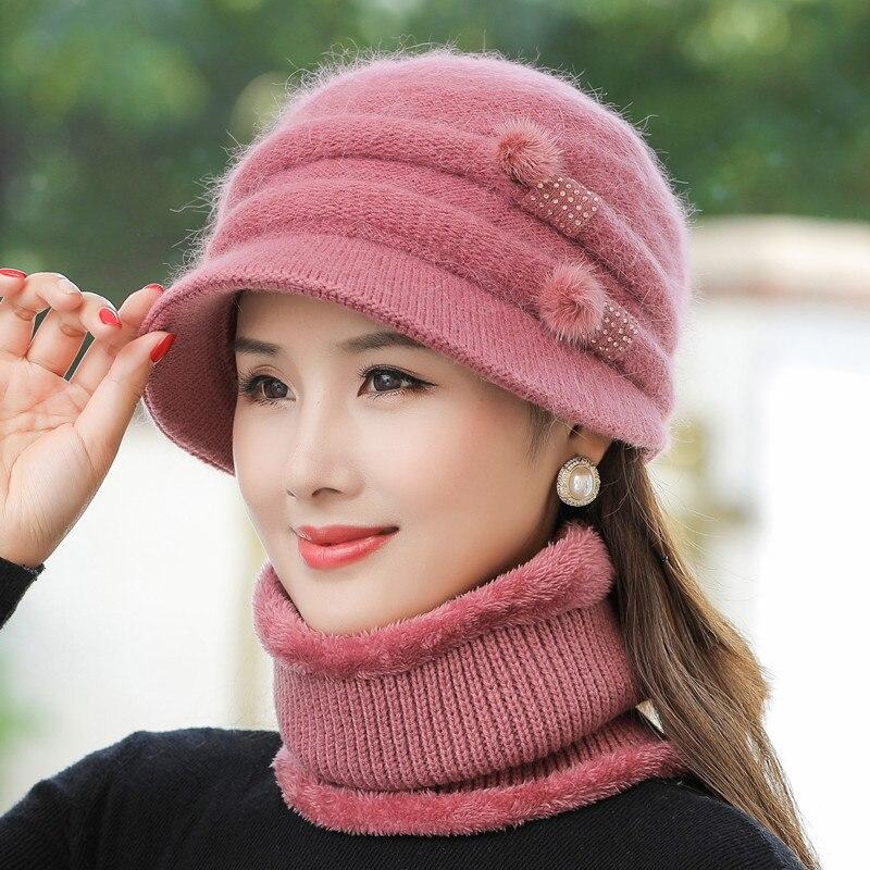New Women Winter Hat Keep Warm Mom Cap Add Fur Lined Warm Set Hat For Female Casual Rabbit Fur Bucket Knitted Hat