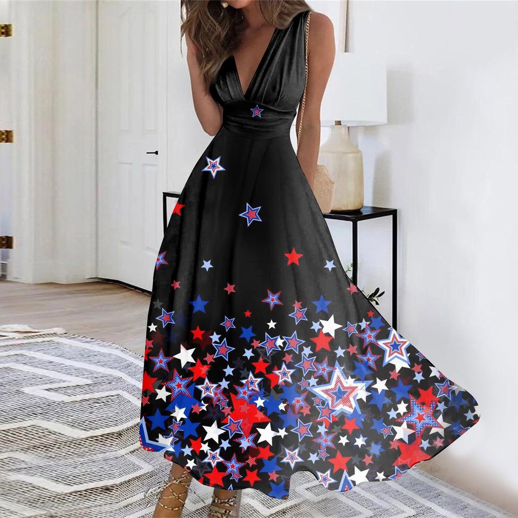 Sleeveless V Neck Maxi Dress with Independence Day Print and Pattern for Women Holiday Wear