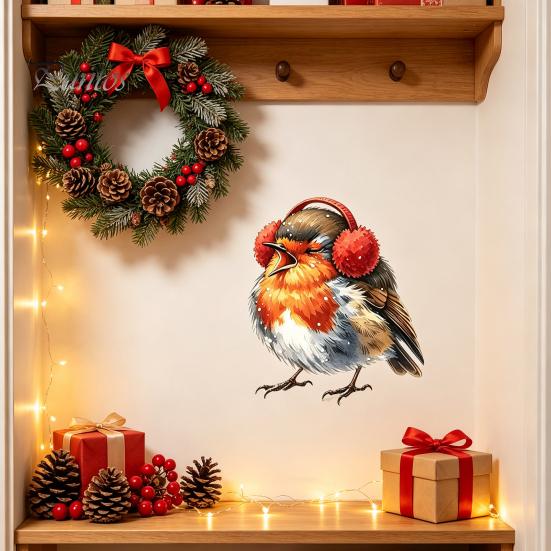 Indoor Outdoor Bird Decals Christmas Wall Sticker, Cute Watercolor with Wreath/Scarf/Hat/Ear Warmer, PVC Waterproof Creative Gifts for Home