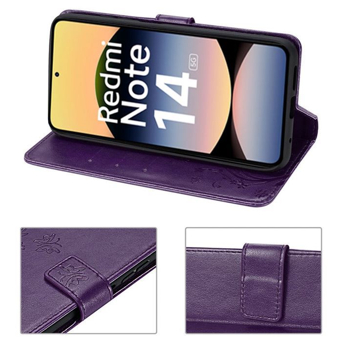 Case and Tempered Glass - E.F.CONNECTION - For Xiaomi Redmi Note 14 5G - Synthetic - Butterfly Pattern - Dark Purple