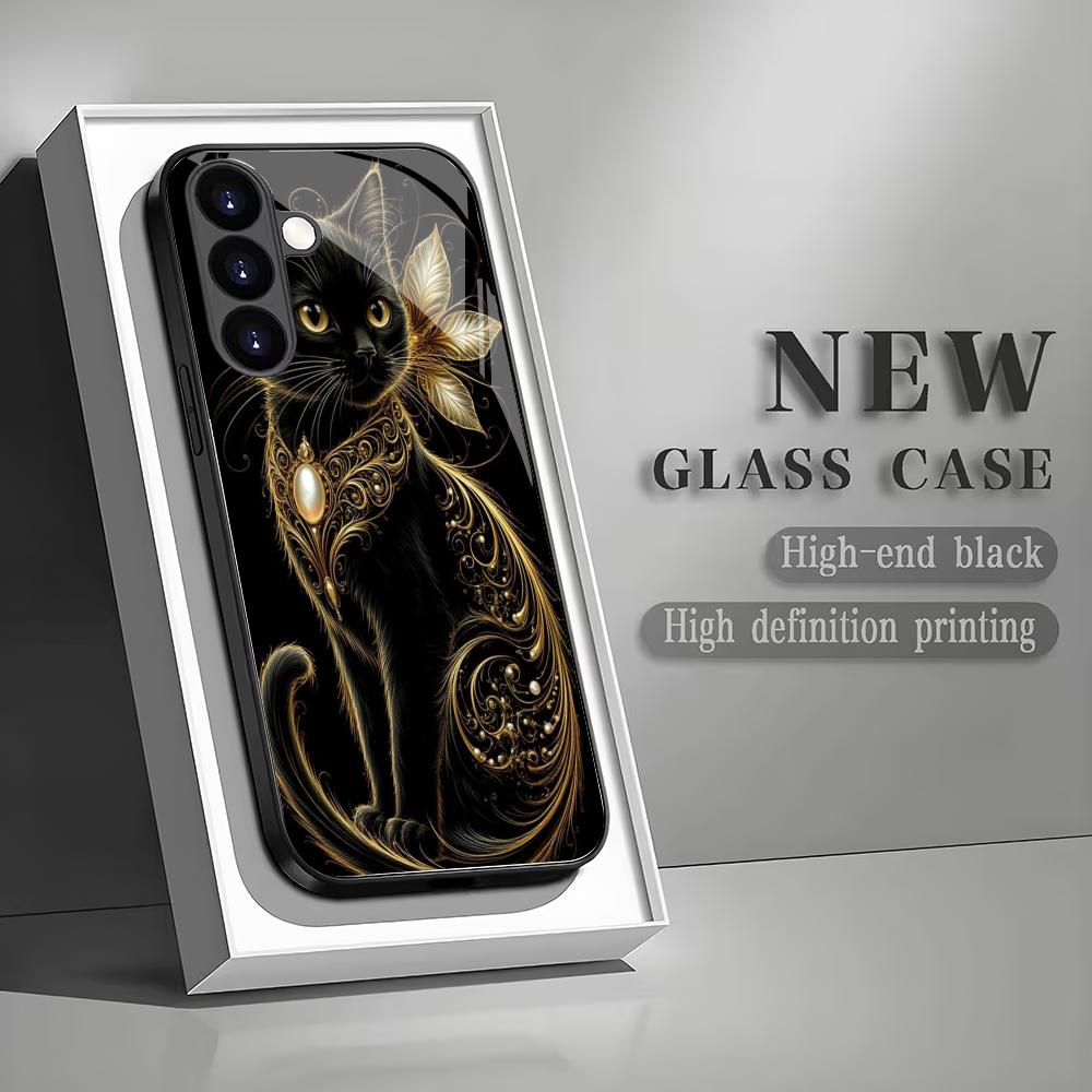 Fashionable Black Cat Tempered Glass Phone Case Suitable for Samsung Galaxy S26 S25 S24 S22 S21 S20 FE/Ultra/Plus Shockproof