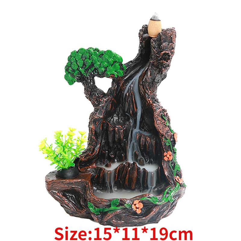 Handgefertigter Weihrauchbrenner aus Kunstharz, Steingarten, Berg, Wasser, Baum, Haus, Landschaft, Wasserfall, Rückfluss-Weihrauchhalter, Tee-Haustier, Heimdekoration