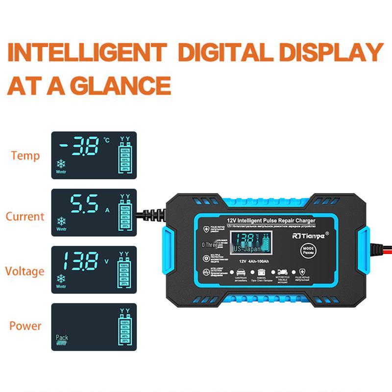 12V Smart Pulse Repair Charger for Lead-Acid Motorcycle and Car Batteries
