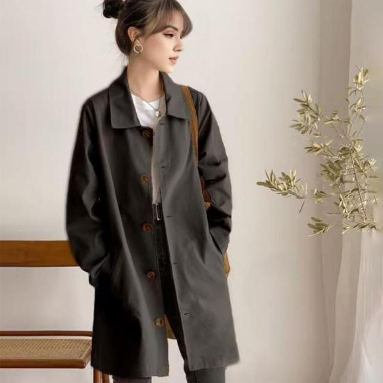 Women Windbreaker Overcoat Turn Down Collar Button Down Long Sleeves Loose Pockets Mid Length Outdoor Travel Commuting Jacket