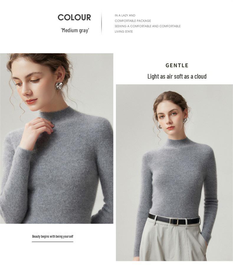 Pure Cashmere Ribbed Half-High Collar Knit Top