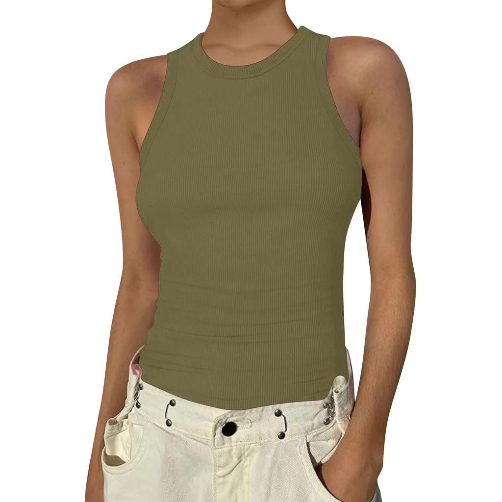 Women's Summer Fashion Casual Color Round Neck Sleeveless Top Tight Tank Top