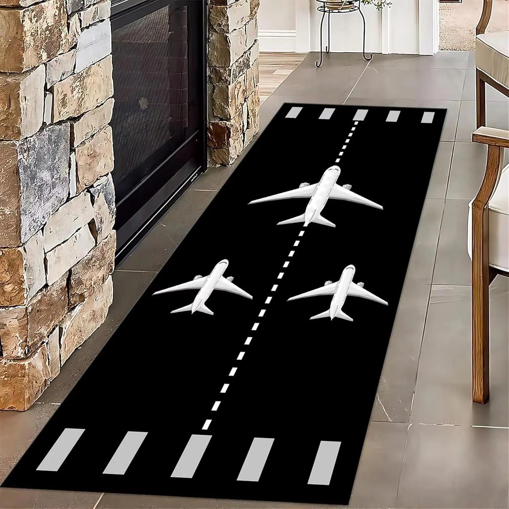 Airplane Runway Aviation Themed Long Runner Rug Kids Traffic Game Play Mat Non Slip Hallway Bedroom Household Floor Carpe