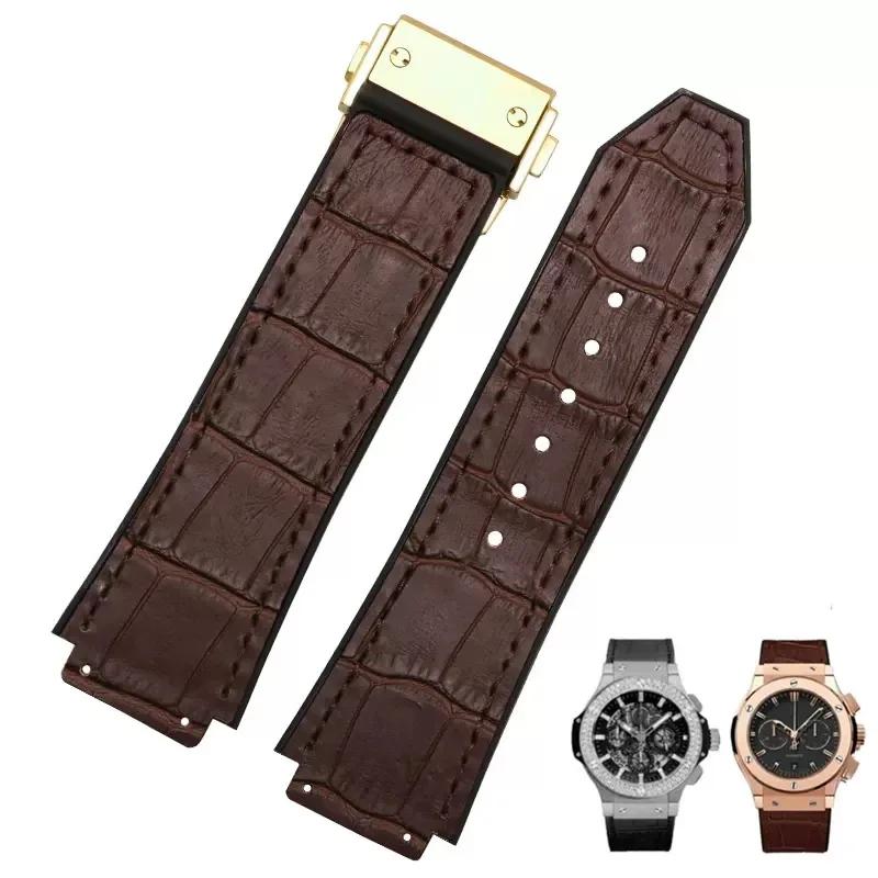 26X19mm Real Cow Leather Rubber Watchband for HUBLOT Classic Fusion Universe Big Bang Series Men belt Watch band butterfly Buckl