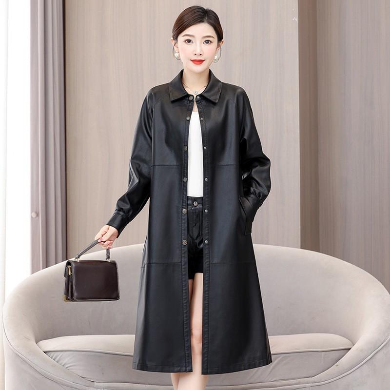 Womens Mid-Long Sheepskin Leather Coat Winter Elegant Office Wear Oversized Fit Black Army Green Burgundy