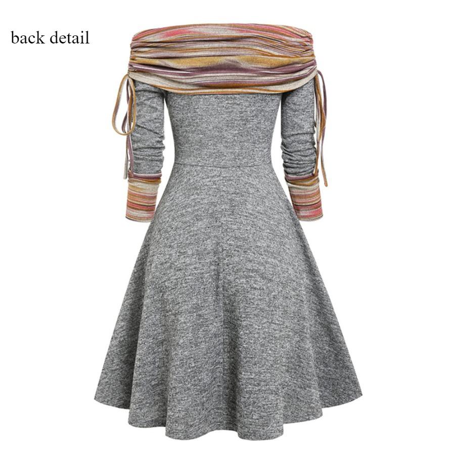 Høst Vinter Mote Kvinner Vintage Kjoler Klær Løs Midje Bred Sving Ett Skulder Langermet Kjole for Kvinner
