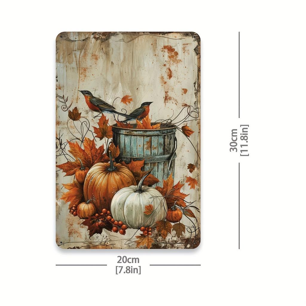 1pc Autumn Harvest Iron Metal Tin Sign, Vintage Pumpkin and Birds Wall Art, Rustic Farmhouse Decor for Home, Cafe, and Garden, I