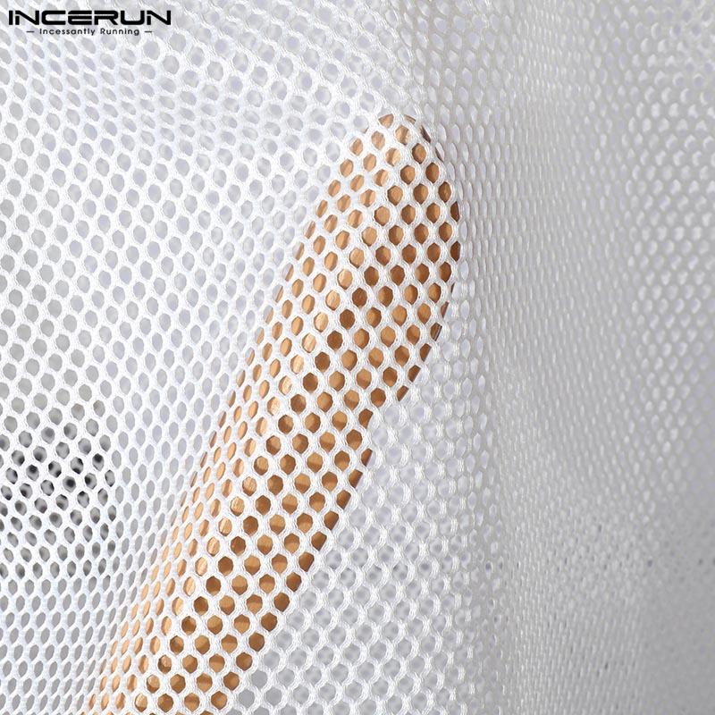 INCERUN Men Long Sleeve Print Hollow Out Fishnet Loose Sport Tops